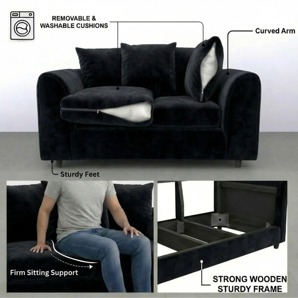 velvet 3 seater black